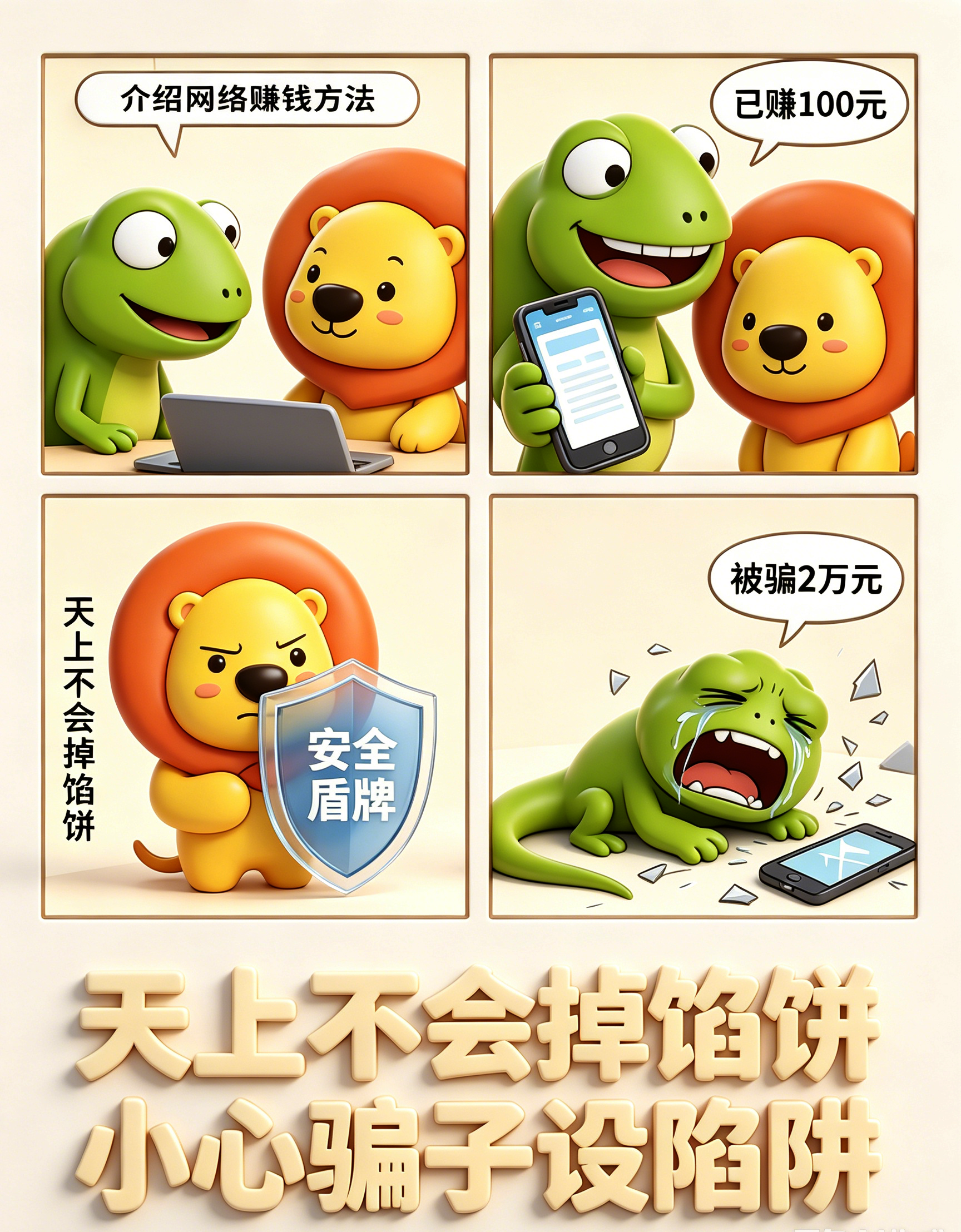 小狮子防诈骗四格漫画.png